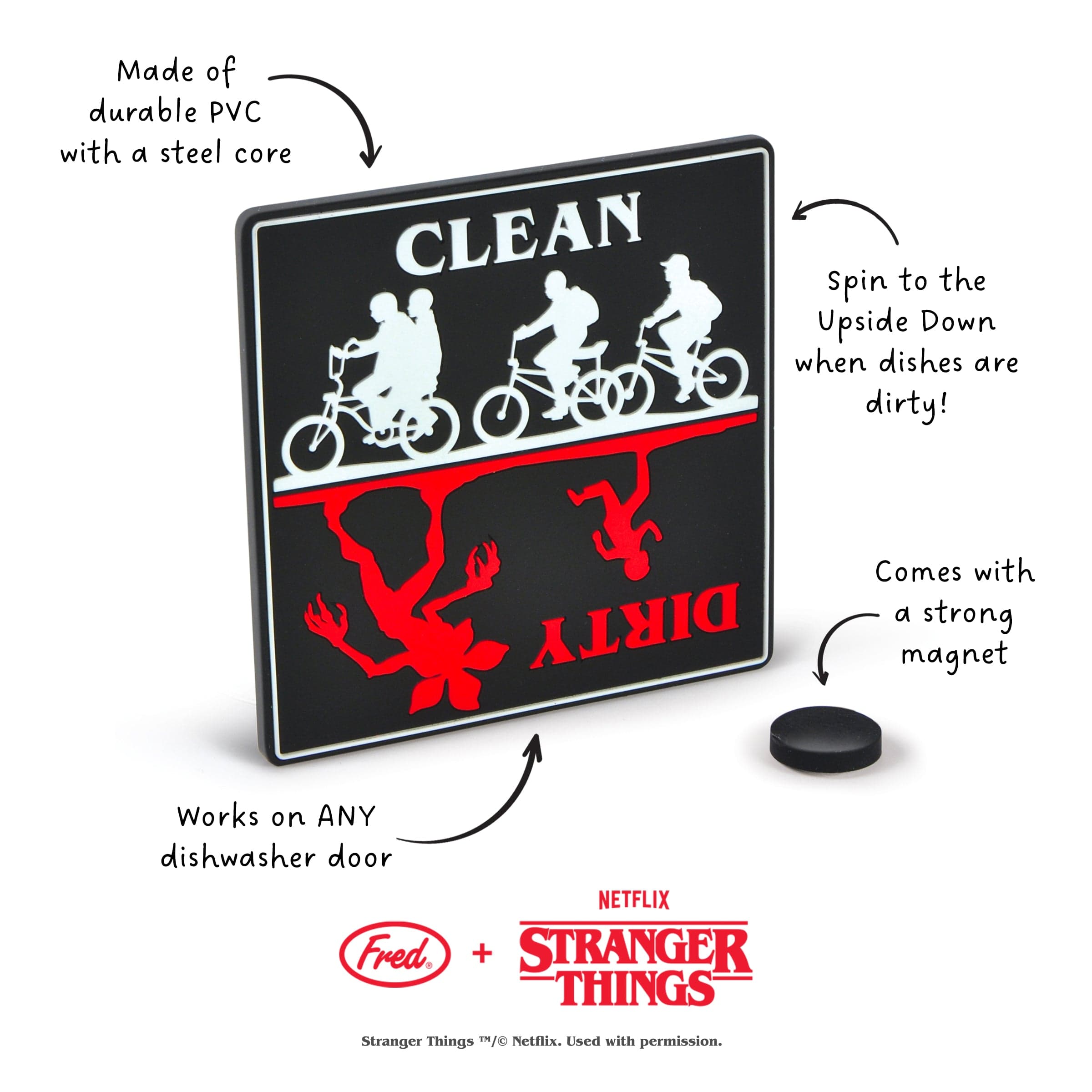 Dishwasher Sign: Made of durable PVC with a steel core, comes with a strong magnet, works on ANY dishwasher door. Spin to "the Upside Down" when dishes are dirty